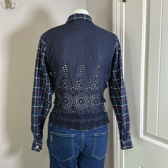 Sea New York Wool Plaid Crop Top Eyelet Lace Back Long Sleeve Navy Blue Sz 2 - Picture 7 of 13